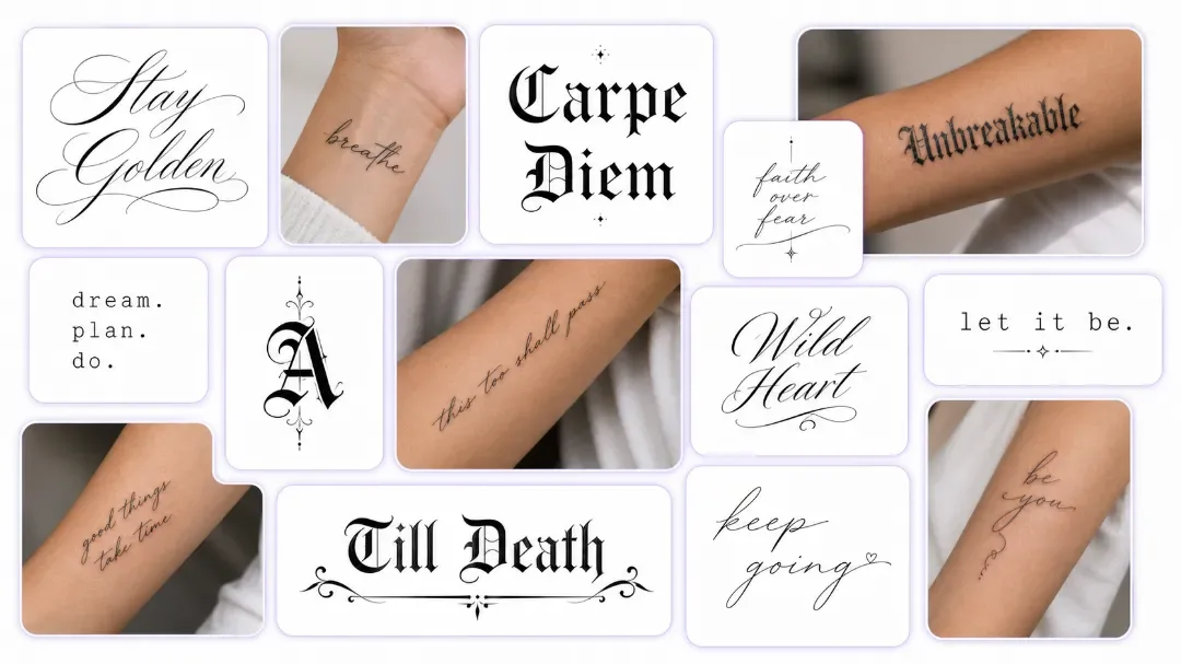 Cursive, Old English, blackletter, and typewriter lettering samples on paper and skin