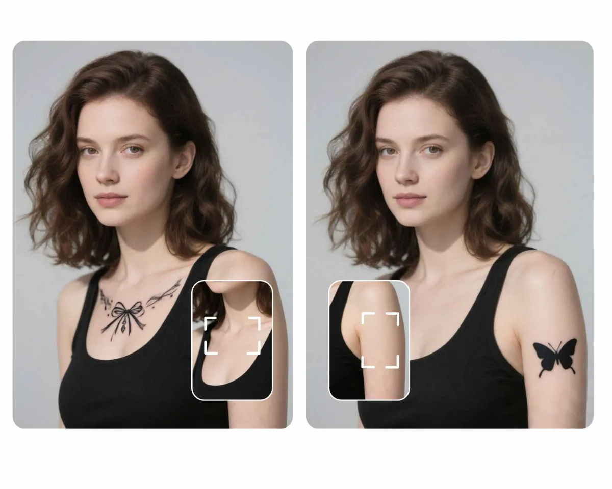 Bow and butterfly designs shown in photo-based tattoo placement previews