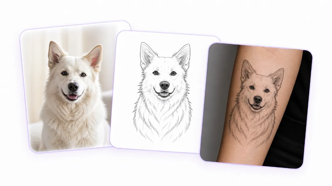 aitat.app Free AI Image to Tattoo Generator – dog photo converted to fine line tattoo art