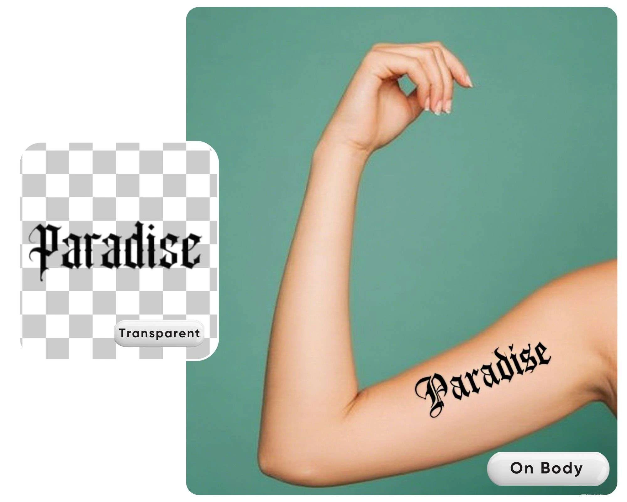 aitat.app Tattoo Font Generator showing "Paradise" tattoo on arm.