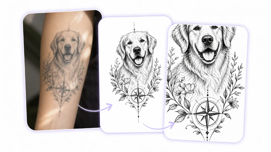 AI tattoo stencil maker extracting sharp linework from a blurry tattoo photo